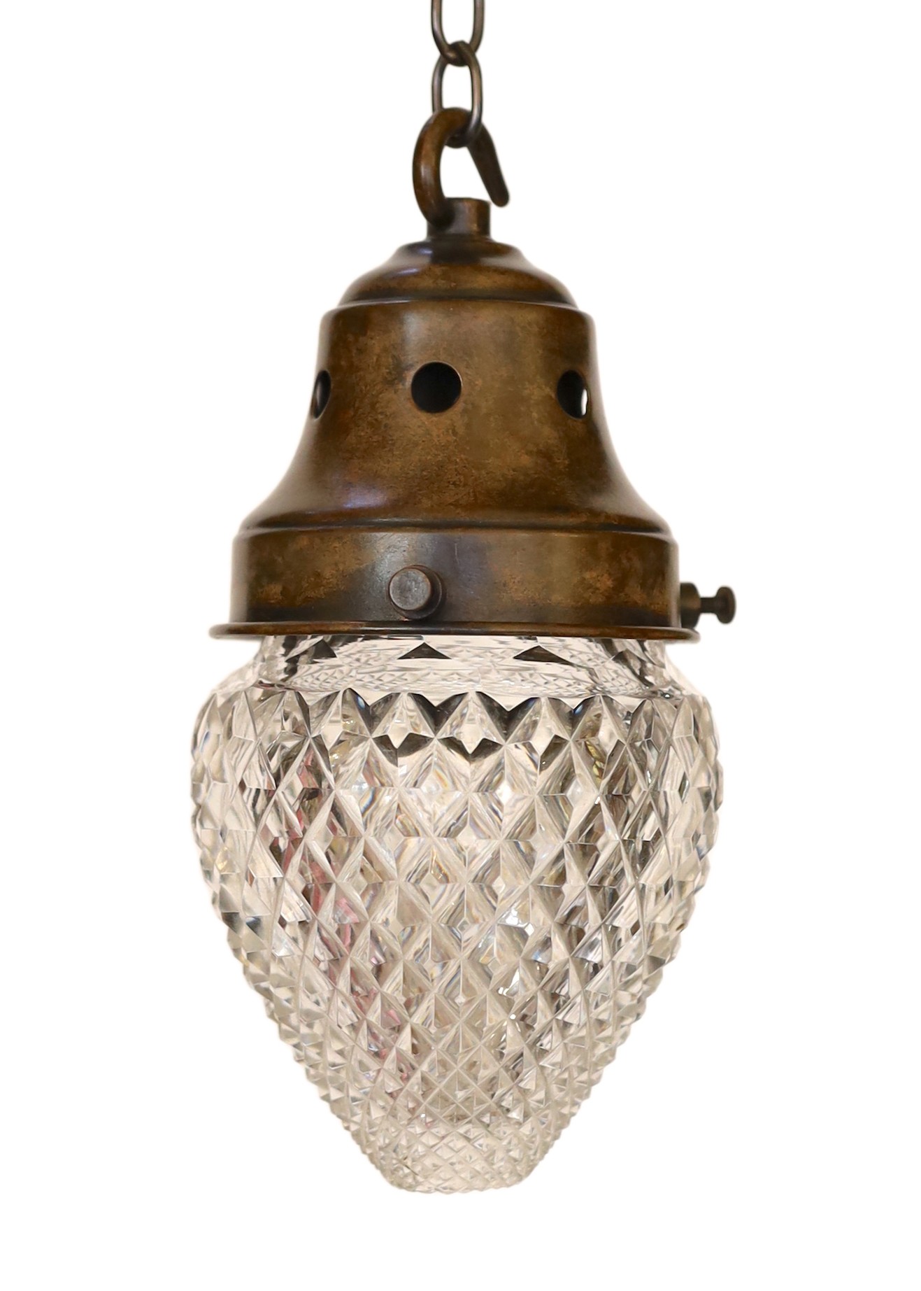 A 1920's English bronzed metal and cut glass light pendant, height 22cm